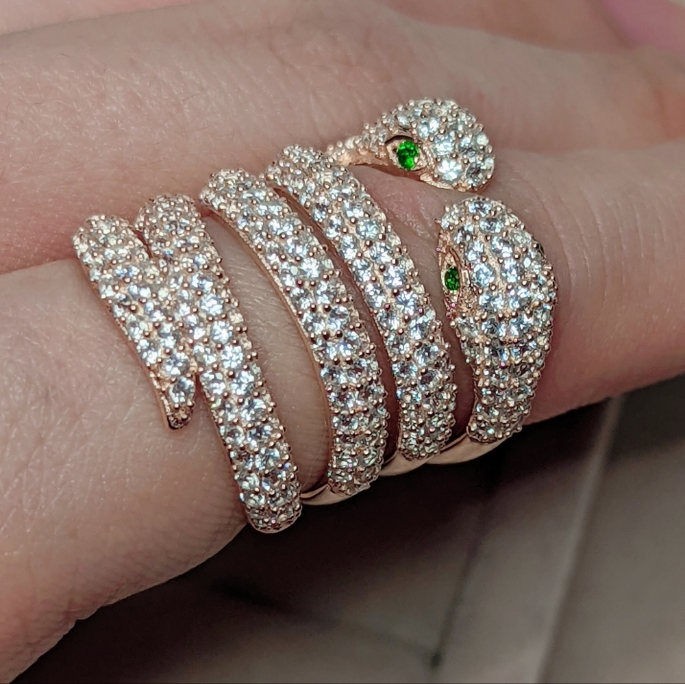 Pave cubic zirconia intertwined snake ring. 925 sterling silver.